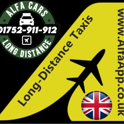 Logo for Alfa Cars featuring an airplane and text stating "Long-Distance Taxis".