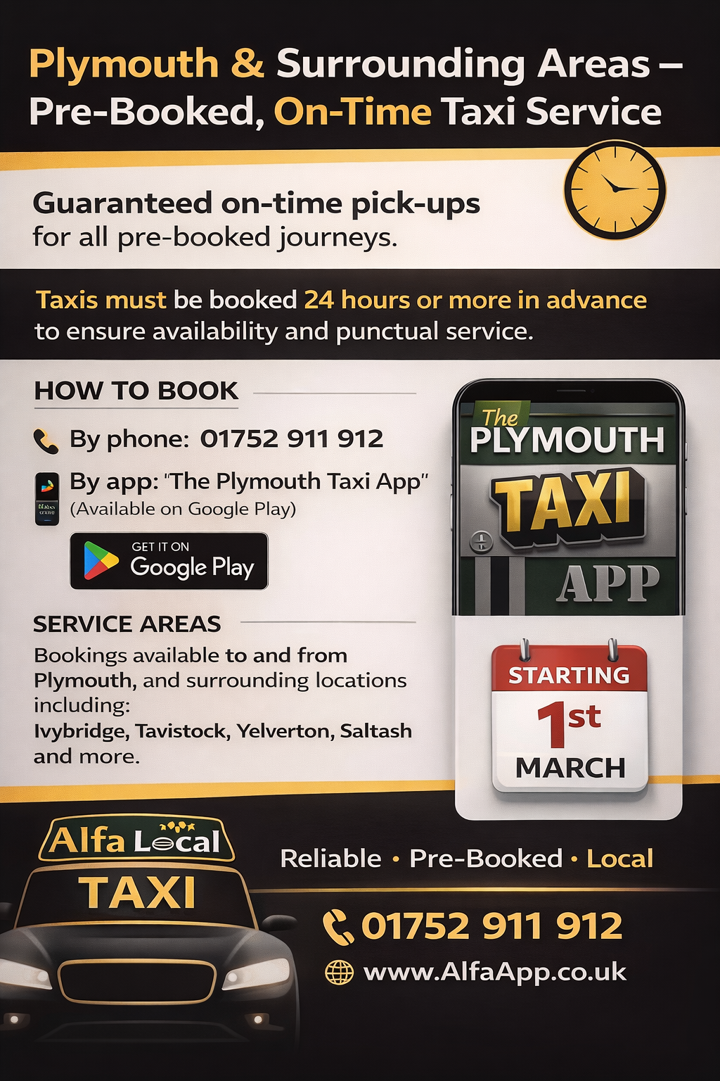 Promotional flyer for pre-booked taxi services in Plymouth with contact details and app launch date.
